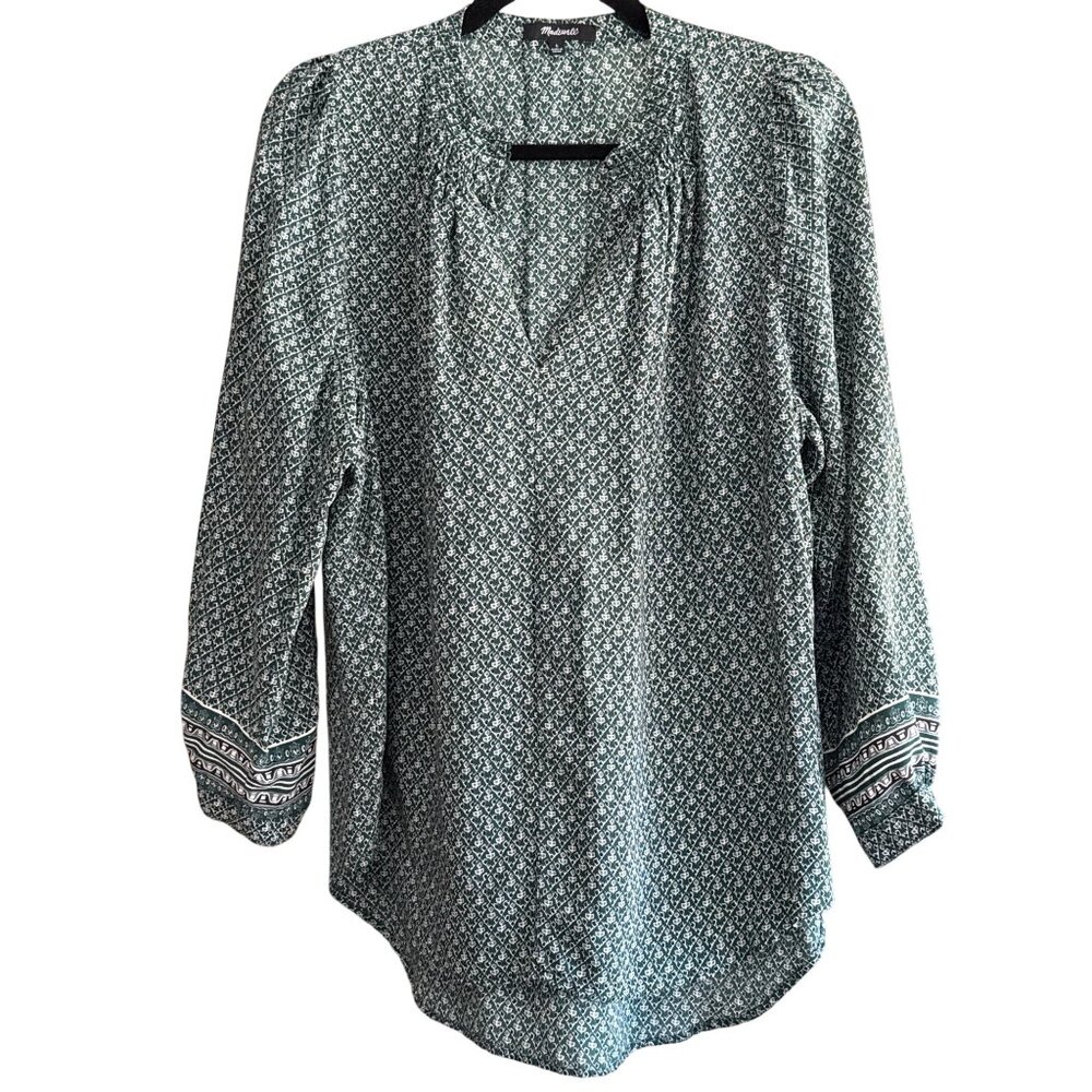 Madewell Womens Silk Green & White Floral Print Long-Sleeve Boho Top Size L